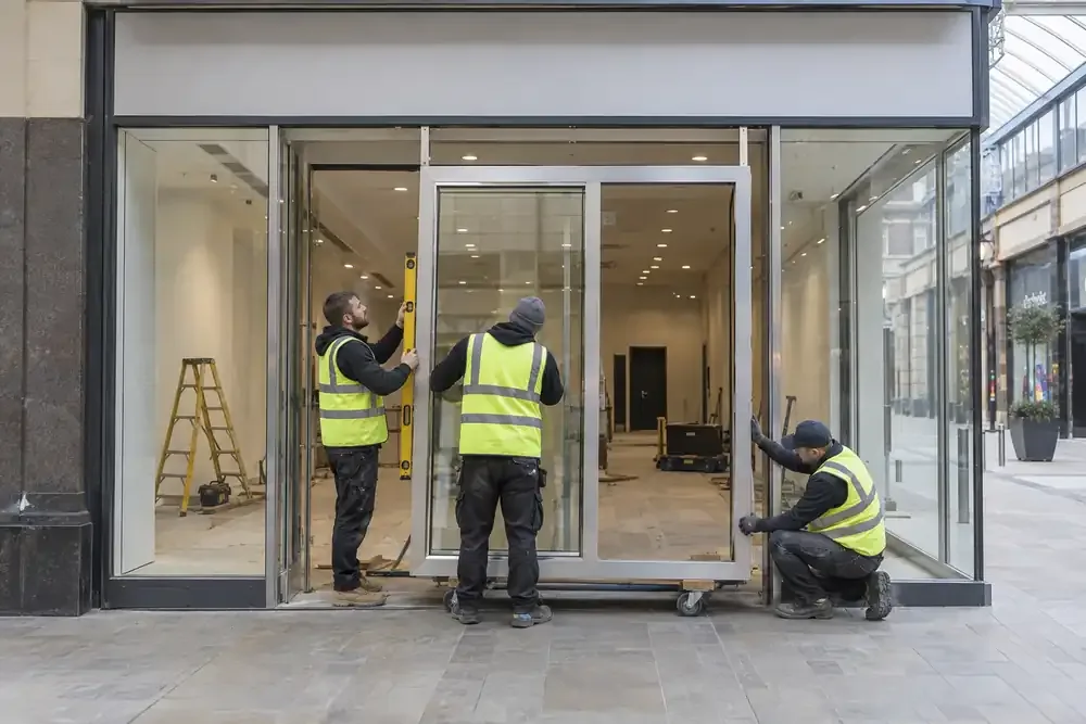 Installers fitting a glazed shop entrance in a retail arcade