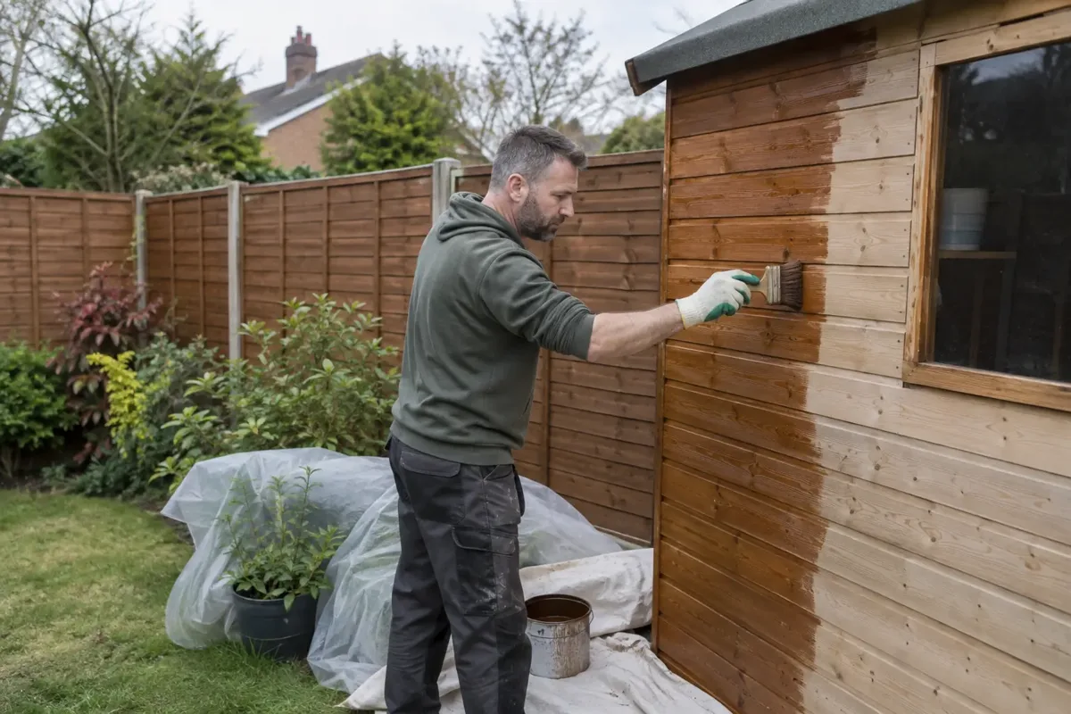 A gardener brushing timber preservative onto a wooden garden shed wall beside matching garden fencing, freshly stained and uncoated timber visible, protected plants, brush and paint pail, gloves and workwear.