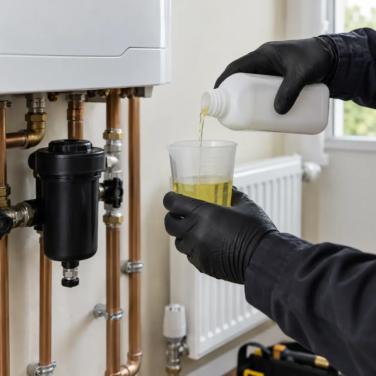 Engineer dosing a central heating system with treatment chemical.